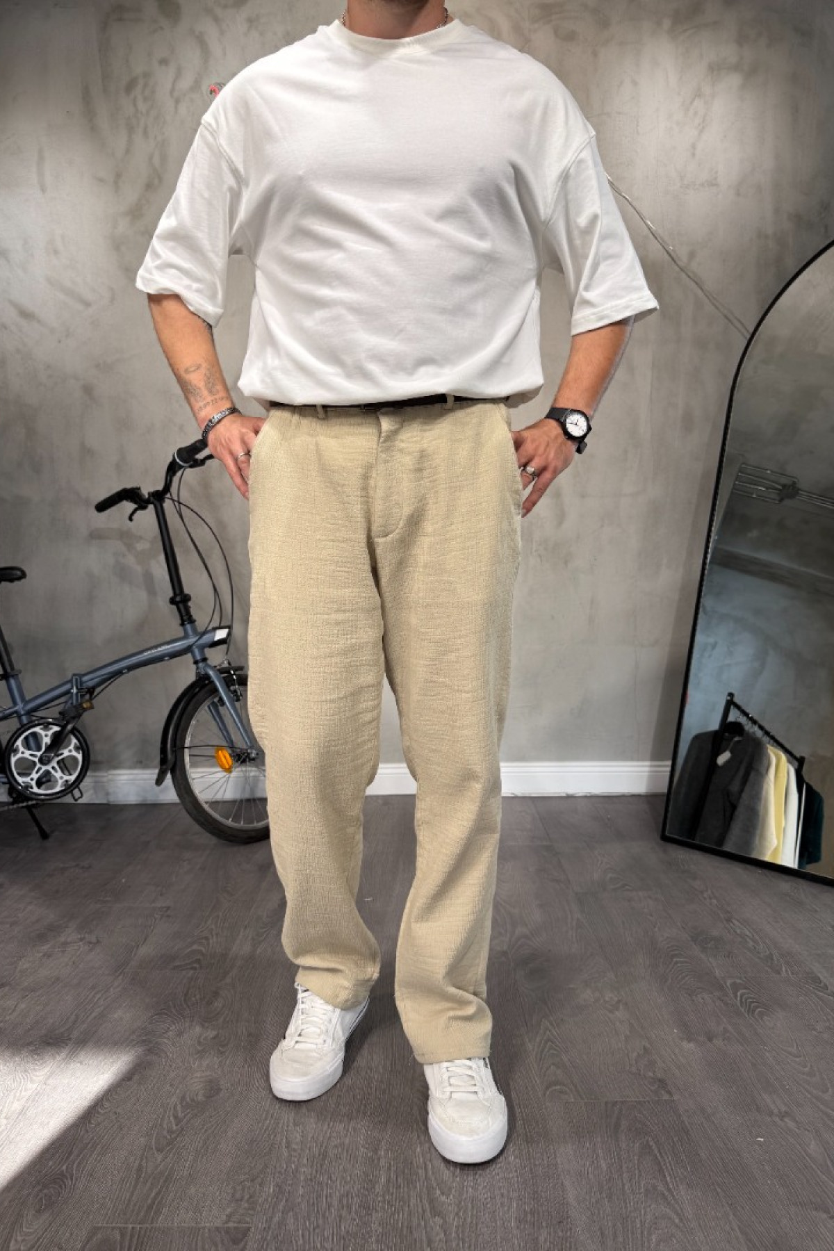 Ekru Dokulu Kumaş Pantolon