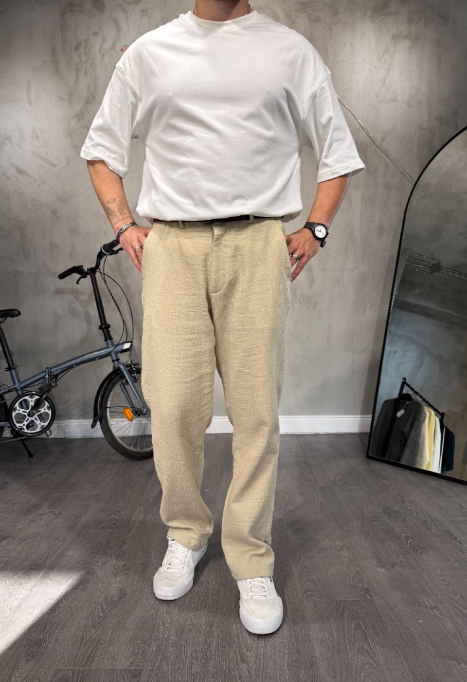 Ekru Dokulu Kumaş Pantolon