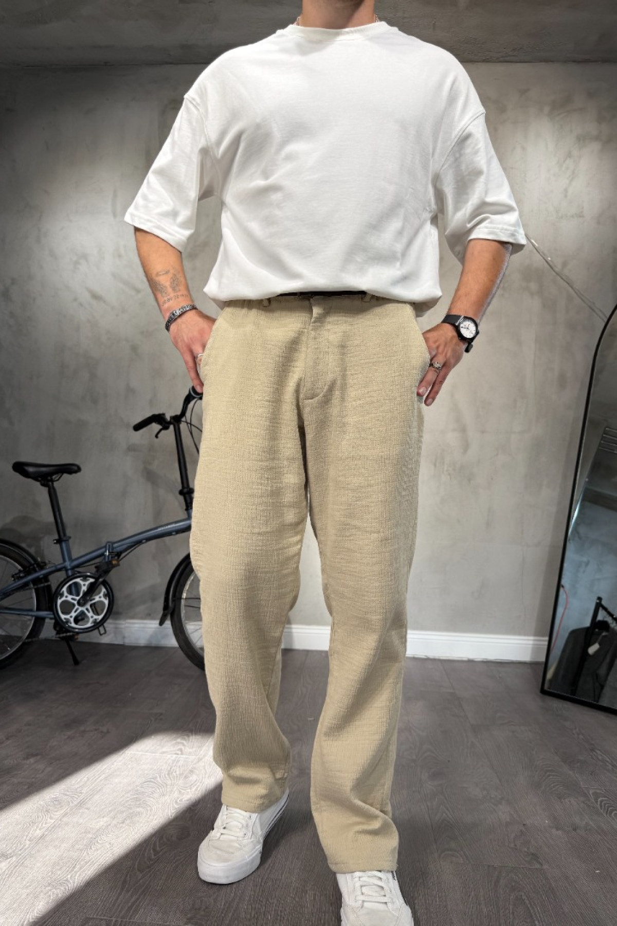 Ekru Dokulu Kumaş Pantolon Ekru Dokulu Kumaş Pantolon