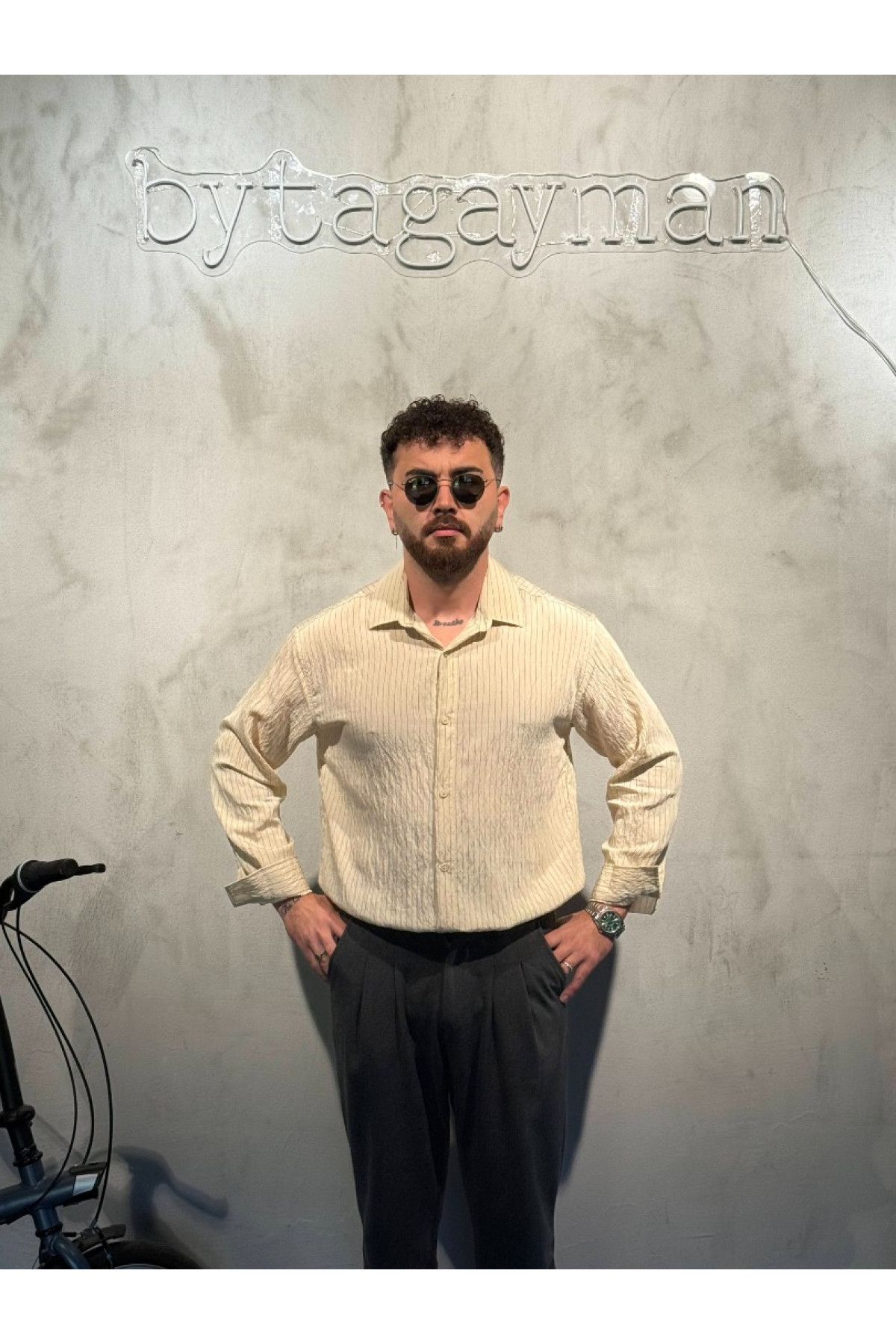Çizgili Oversize Modal Bej Gömlek Çizgili Oversize Modal Bej Gömlek