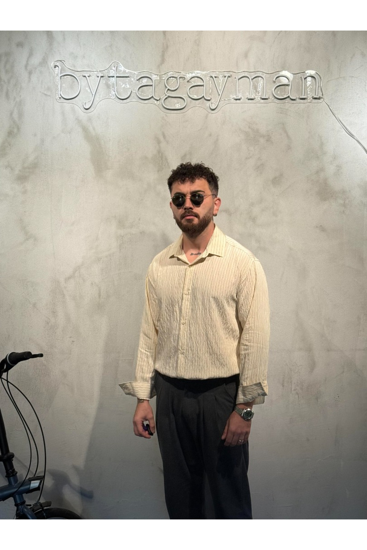 Çizgili Oversize Modal Bej Gömlek Çizgili Oversize Modal Bej Gömlek