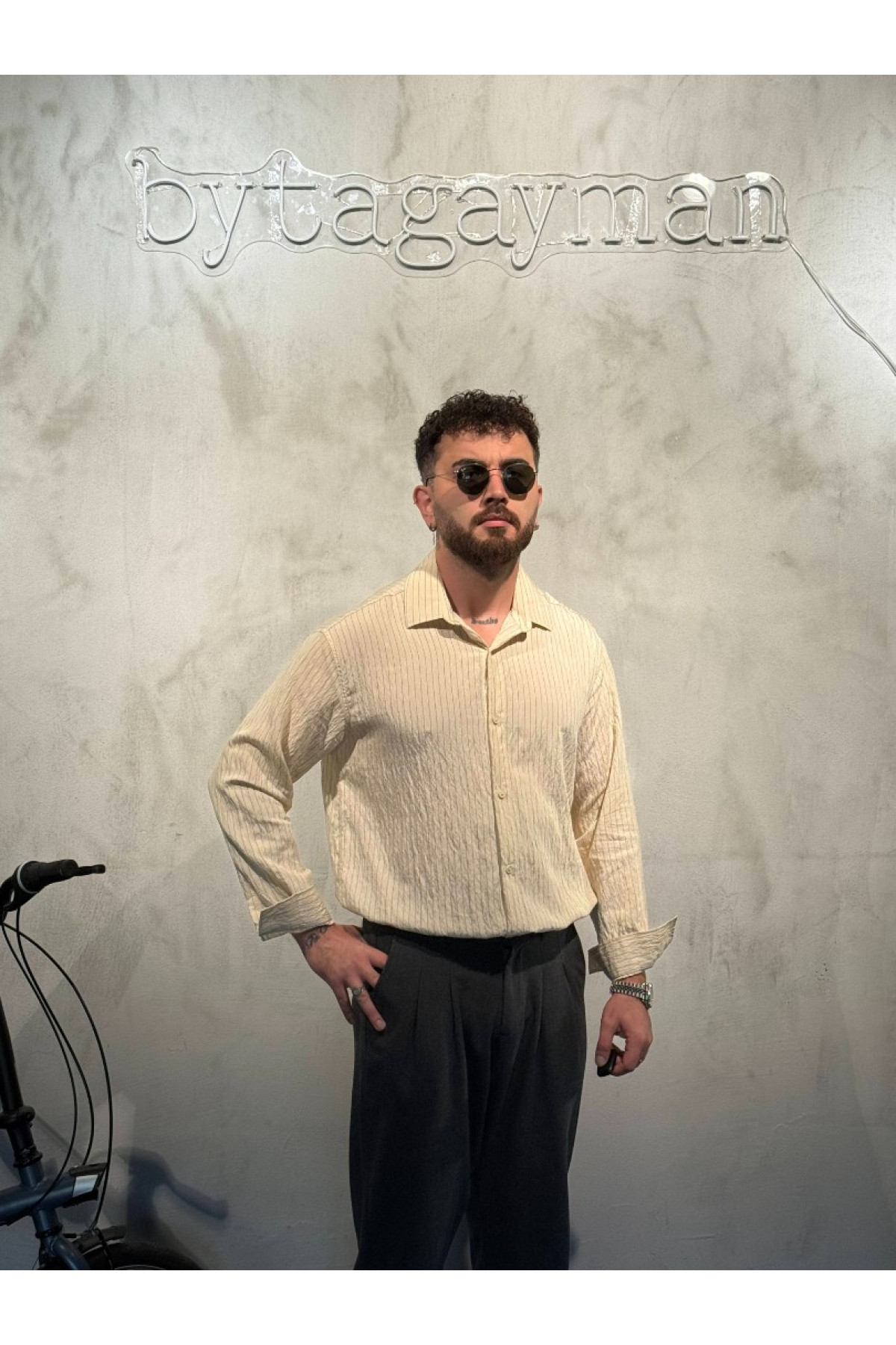 Çizgili Oversize Modal Bej Gömlek Çizgili Oversize Modal Bej Gömlek