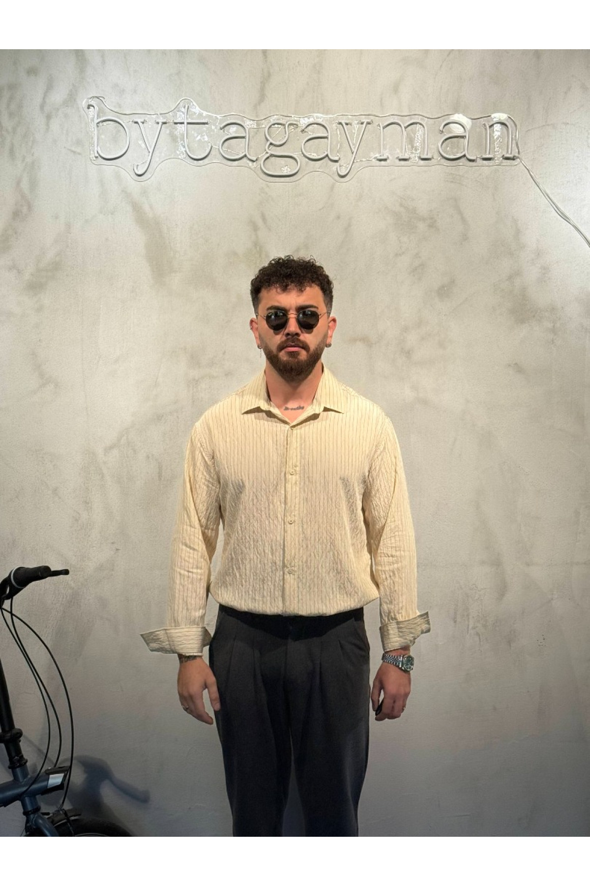 Çizgili Oversize Modal Bej Gömlek Çizgili Oversize Modal Bej Gömlek