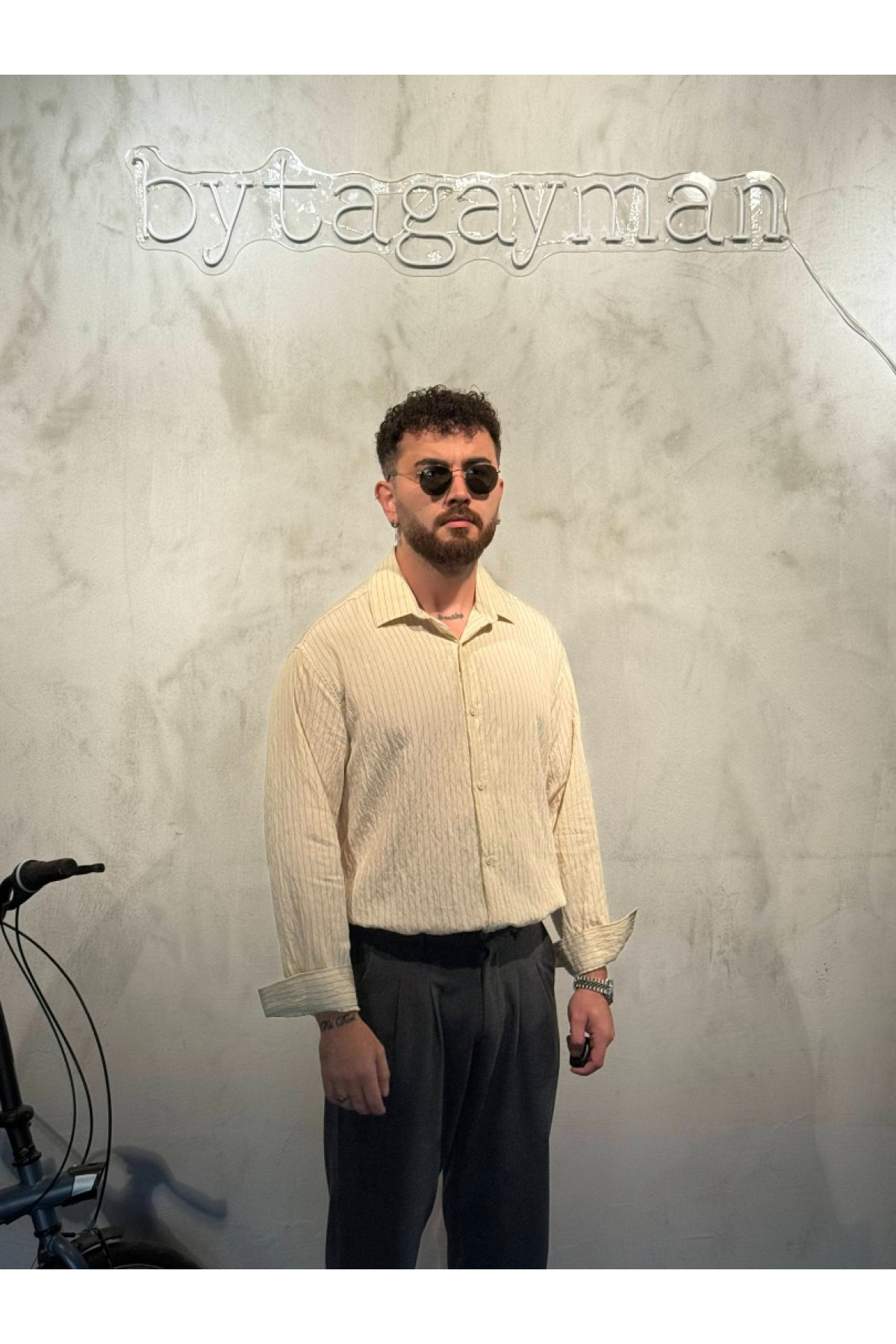 Çizgili Oversize Modal Bej Gömlek Çizgili Oversize Modal Bej Gömlek