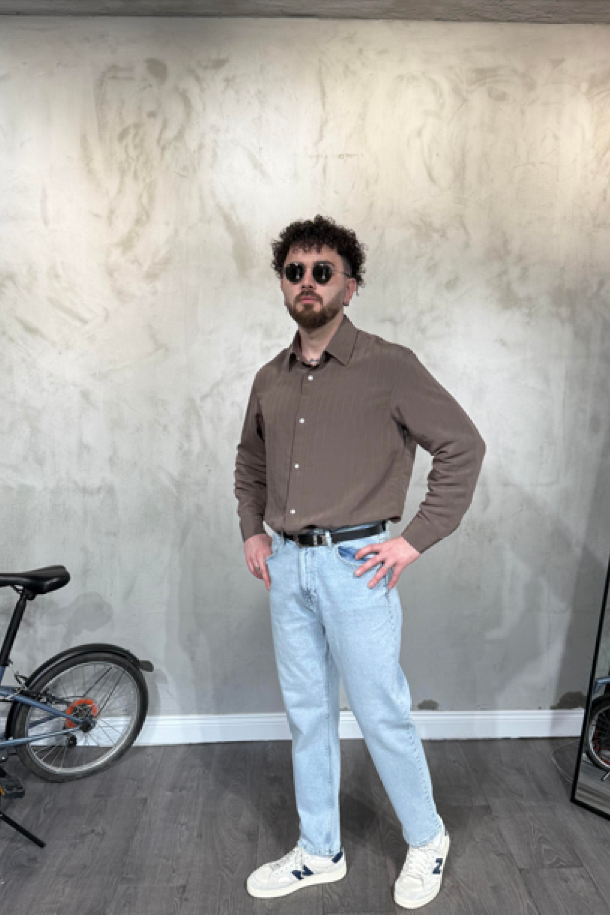 Modal Şeritli Oversize Kahve Gömlek Modal Şeritli Oversize Kahve Gömlek