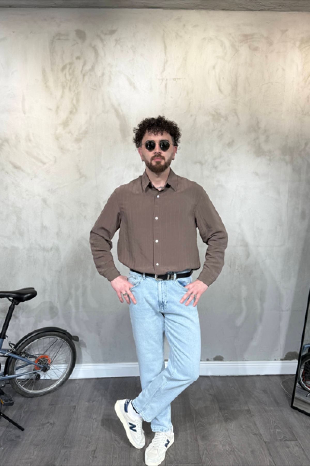 Modal Şeritli Oversize Kahve Gömlek