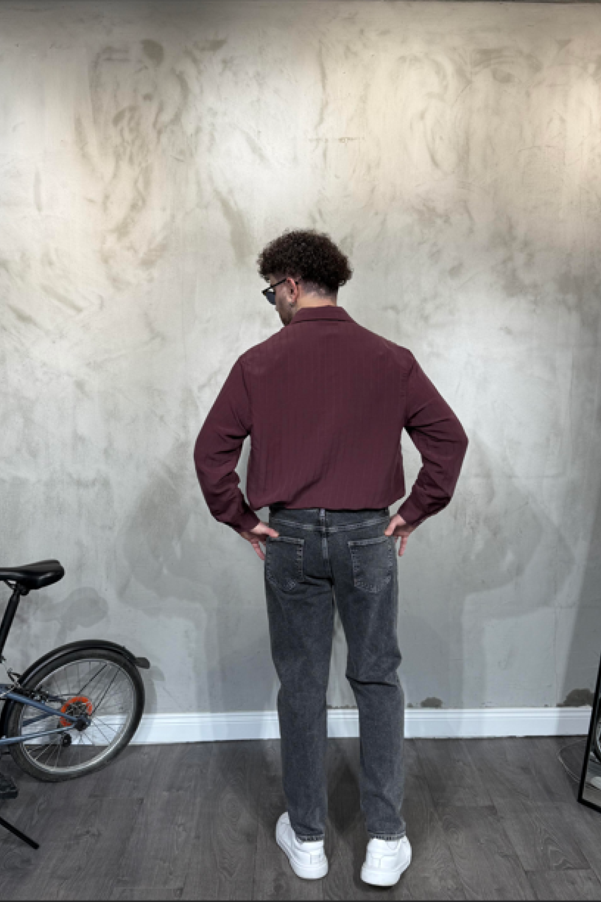 Modal Şeritli Oversize Bordo Gömlek