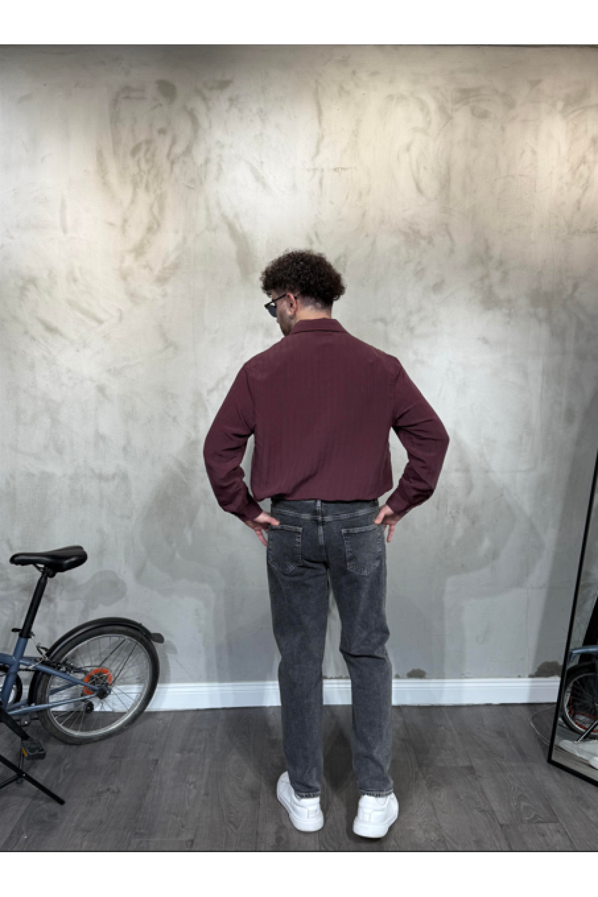 Modal Şeritli Oversize Bordo Gömlek