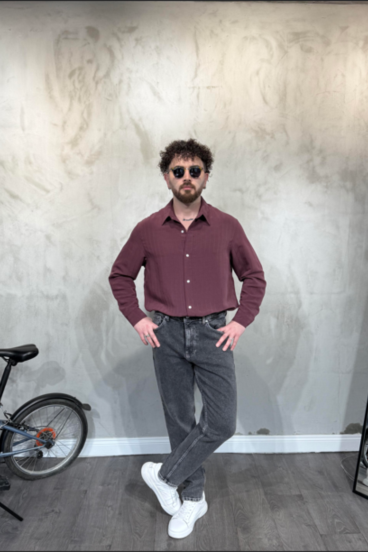 Modal Şeritli Oversize Bordo Gömlek