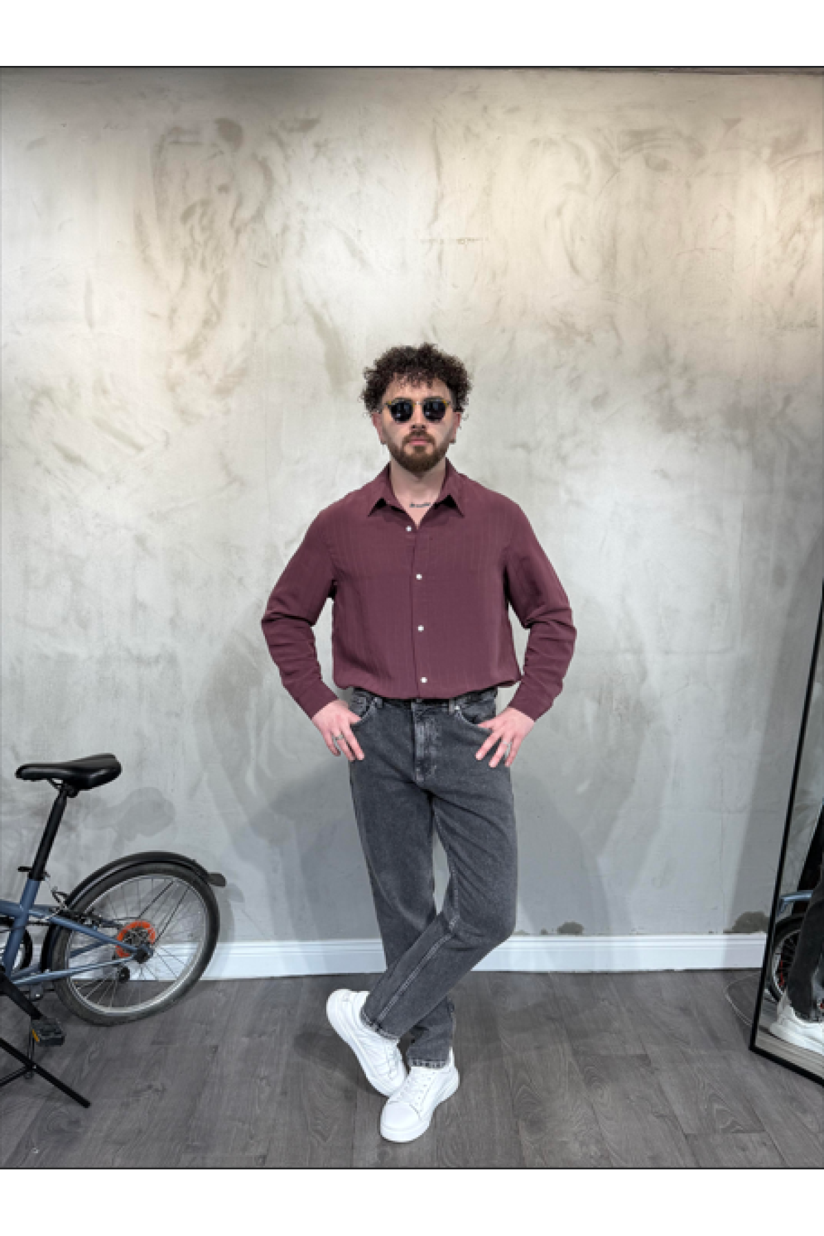 Modal Şeritli Oversize Bordo Gömlek