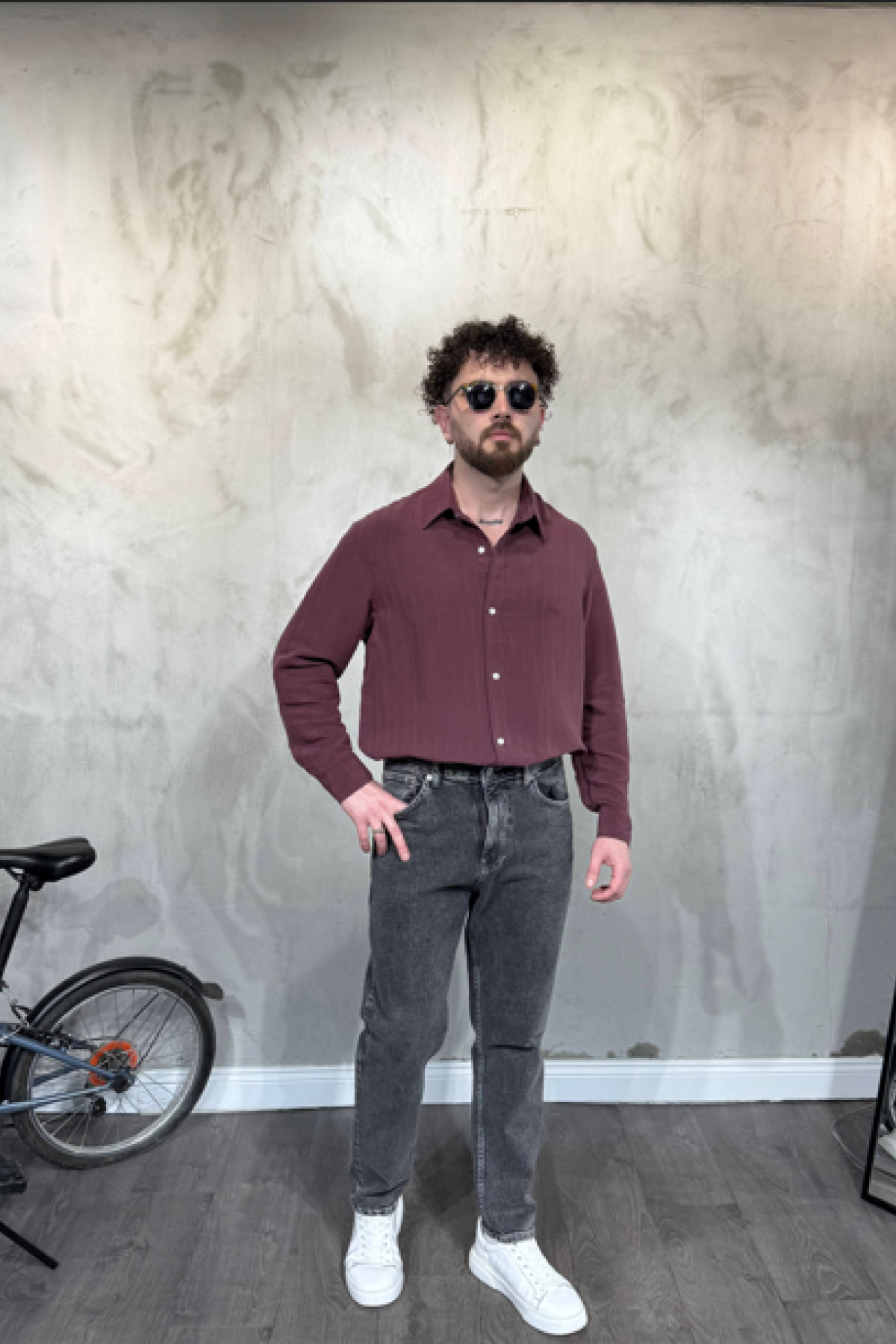 Modal Şeritli Oversize Bordo Gömlek