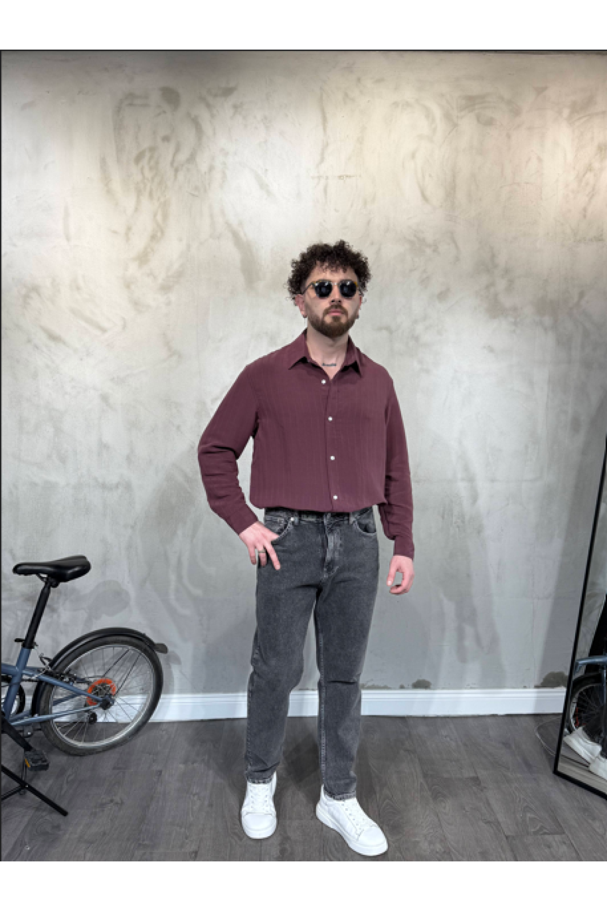 Modal Şeritli Oversize Bordo Gömlek