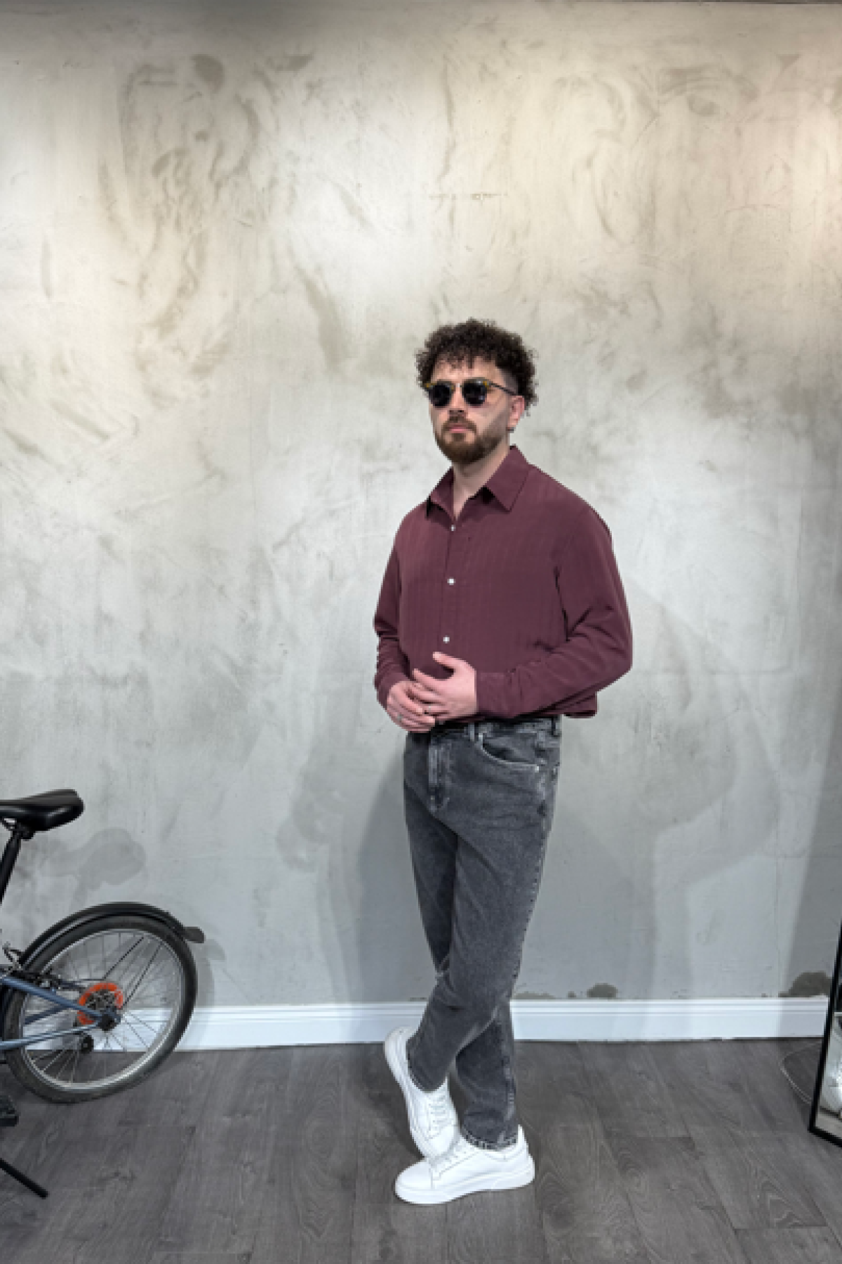 Modal Şeritli Oversize Bordo Gömlek