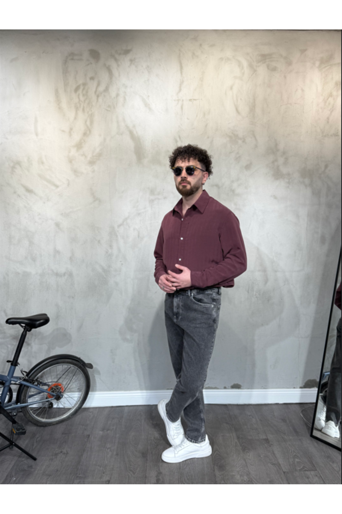 Modal Şeritli Oversize Bordo Gömlek