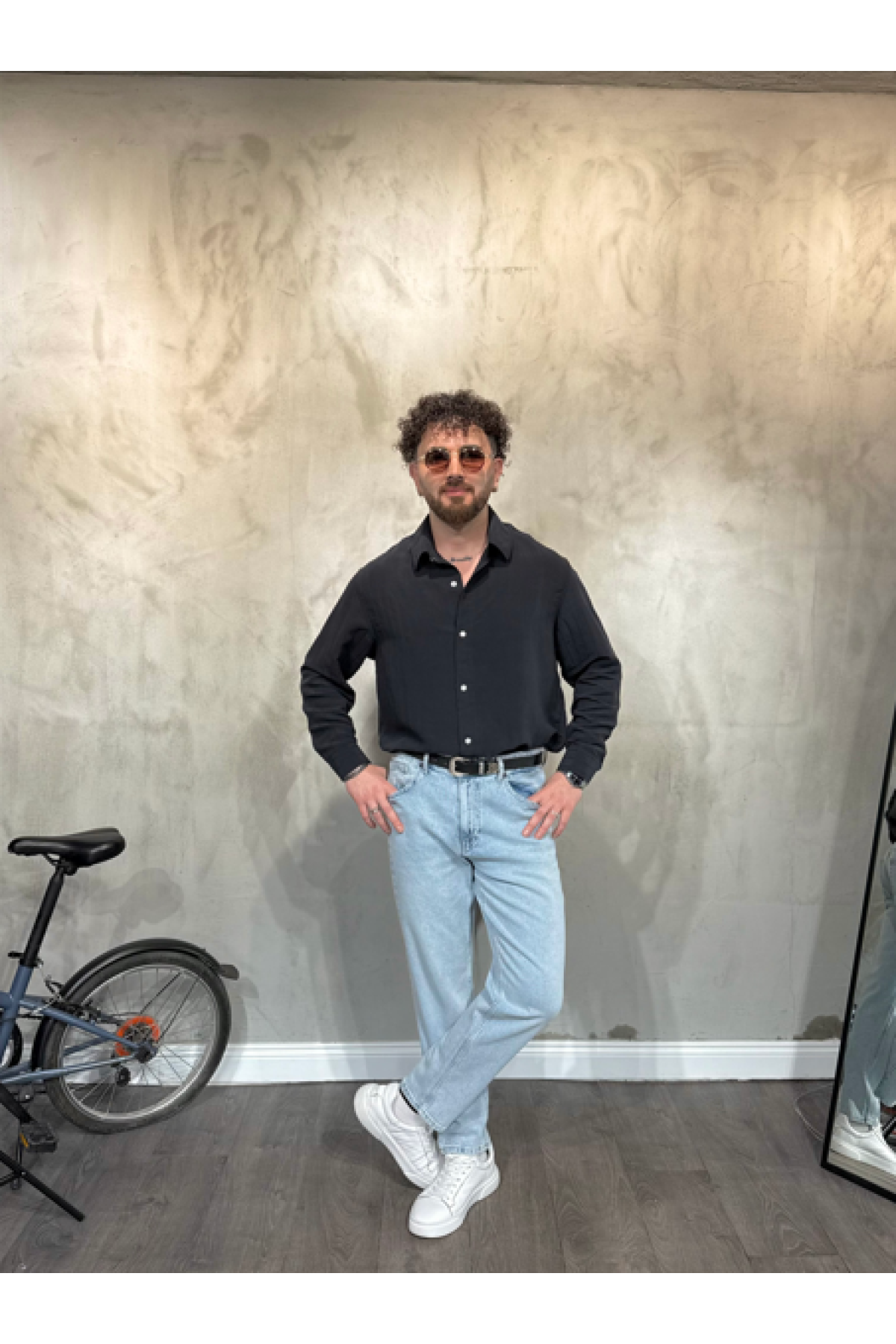 Modal Şeritli Oversize Siyah Gömlek Modal Şeritli Oversize Siyah Gömlek