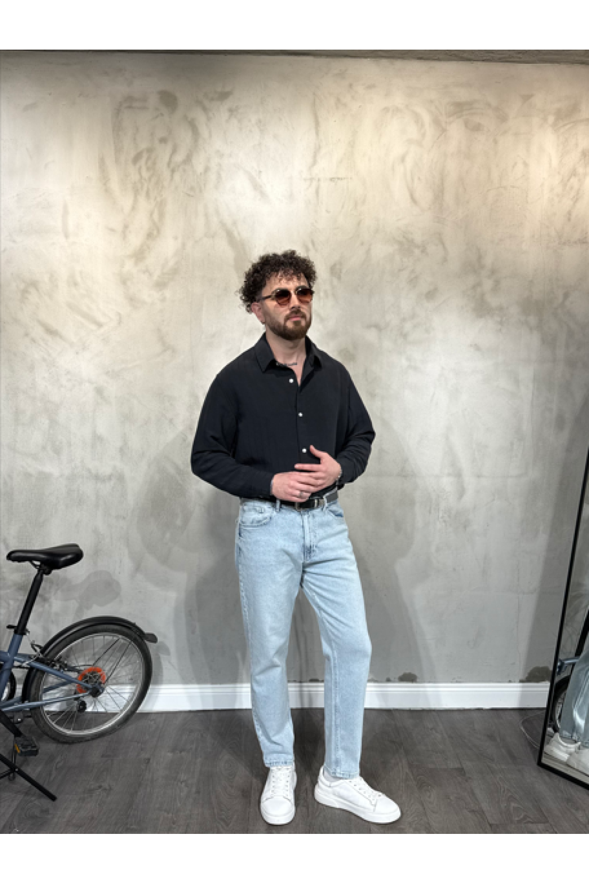 Modal Şeritli Oversize Siyah Gömlek Modal Şeritli Oversize Siyah Gömlek