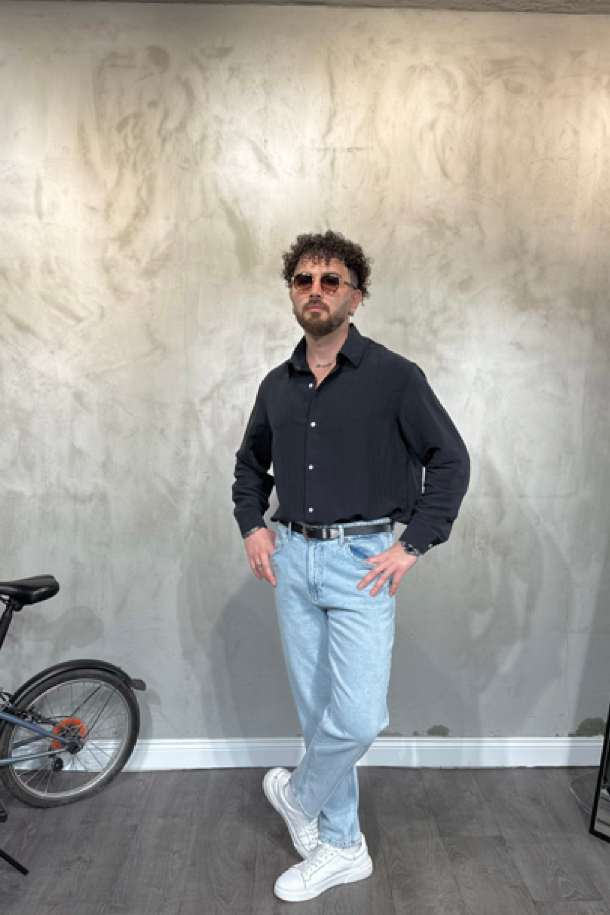 Modal Şeritli Oversize Siyah Gömlek Modal Şeritli Oversize Siyah Gömlek