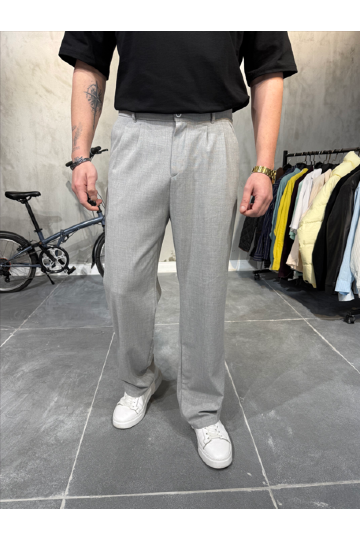 Pileli Kumaş Gri Pantolon