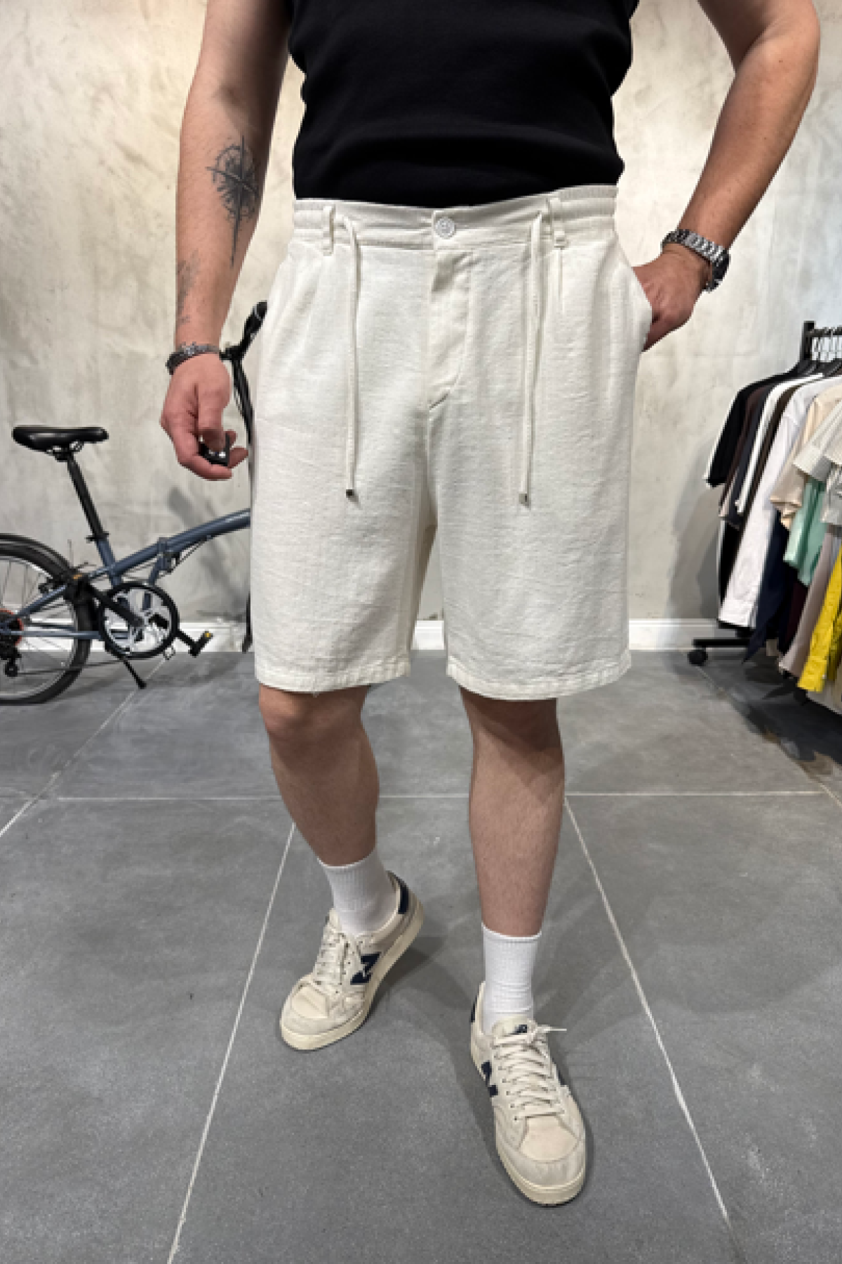 Baggy Beyaz Keten Şort