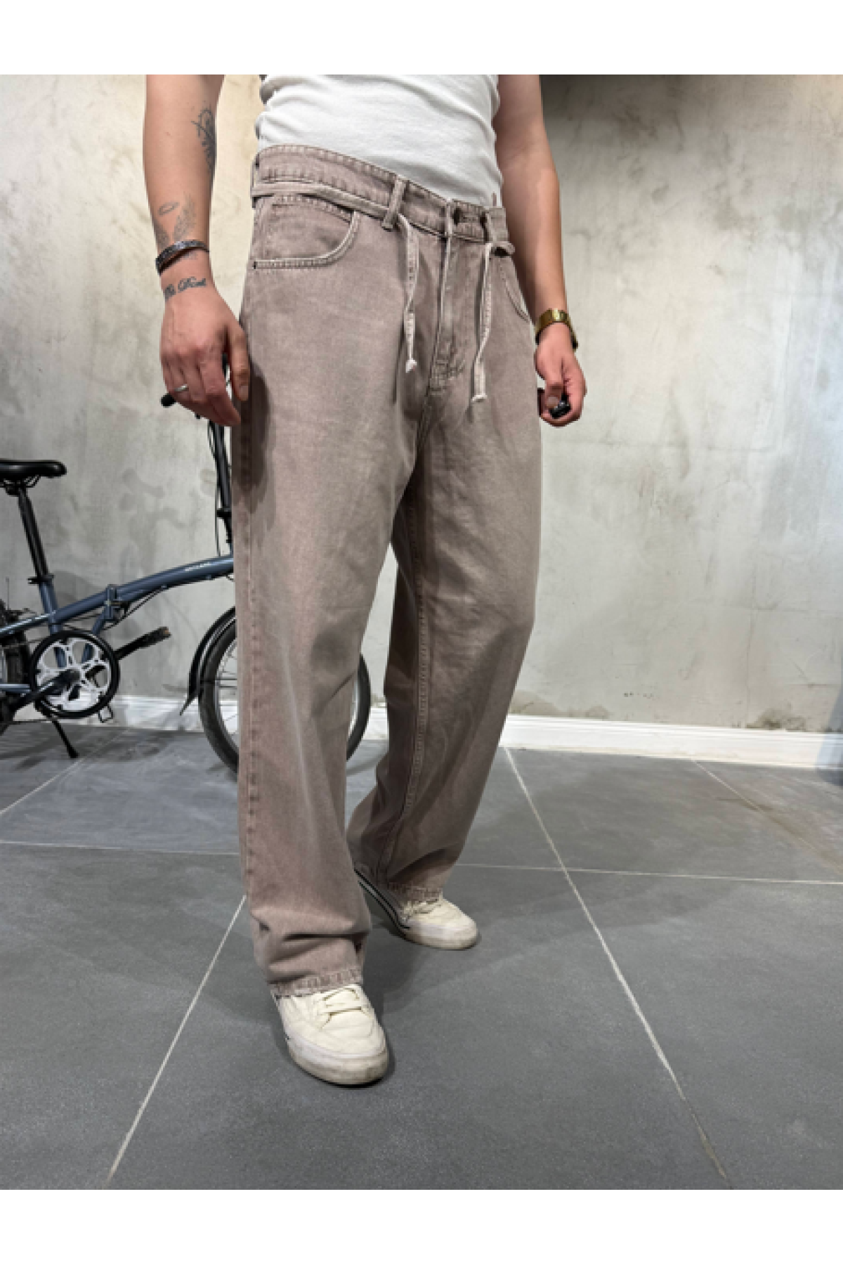 Extra Baggy Kar Bej Pantolon