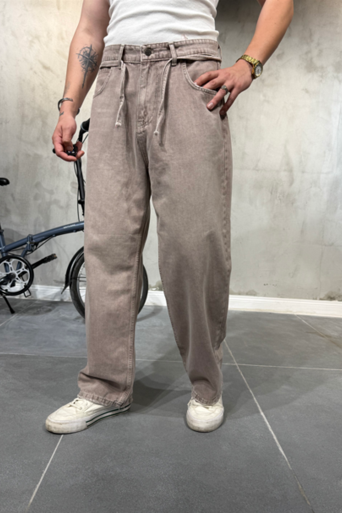 Extra Baggy Kar Bej Pantolon