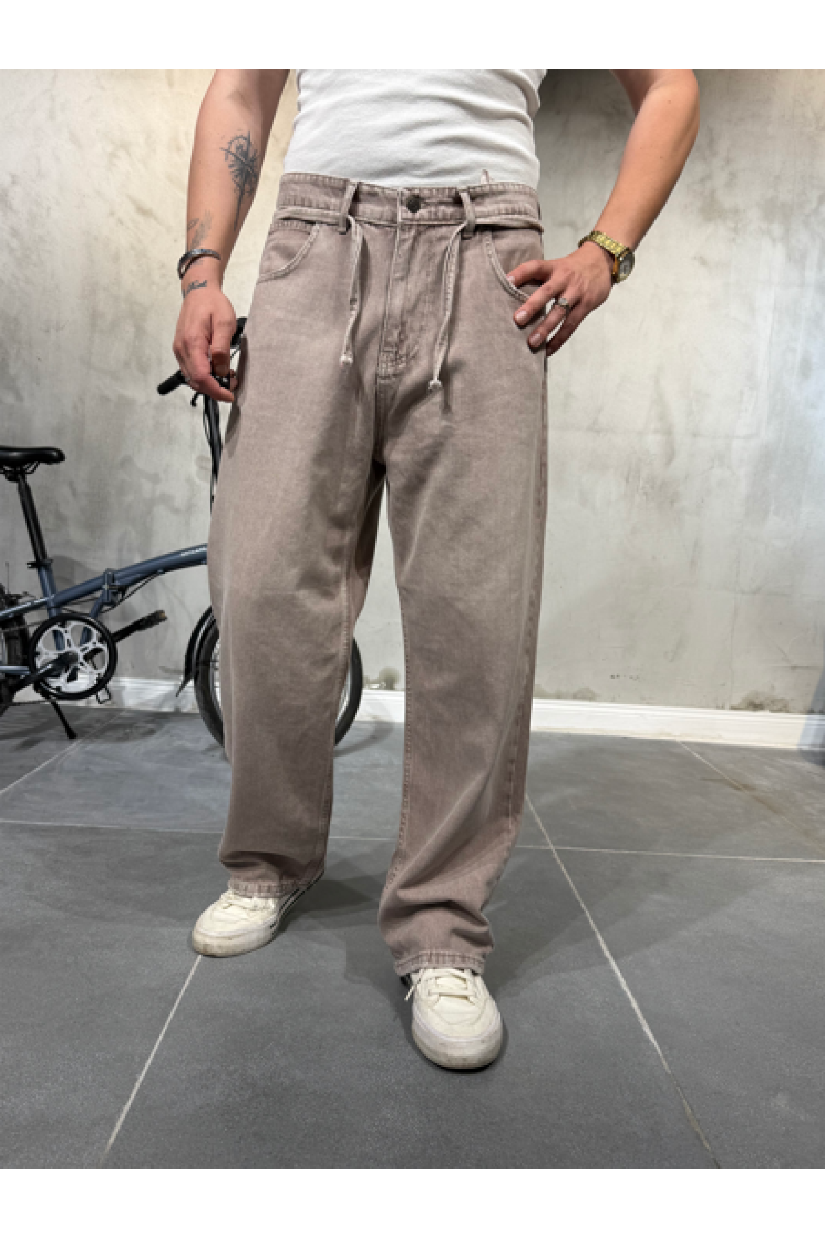 Extra Baggy Kar Bej Pantolon