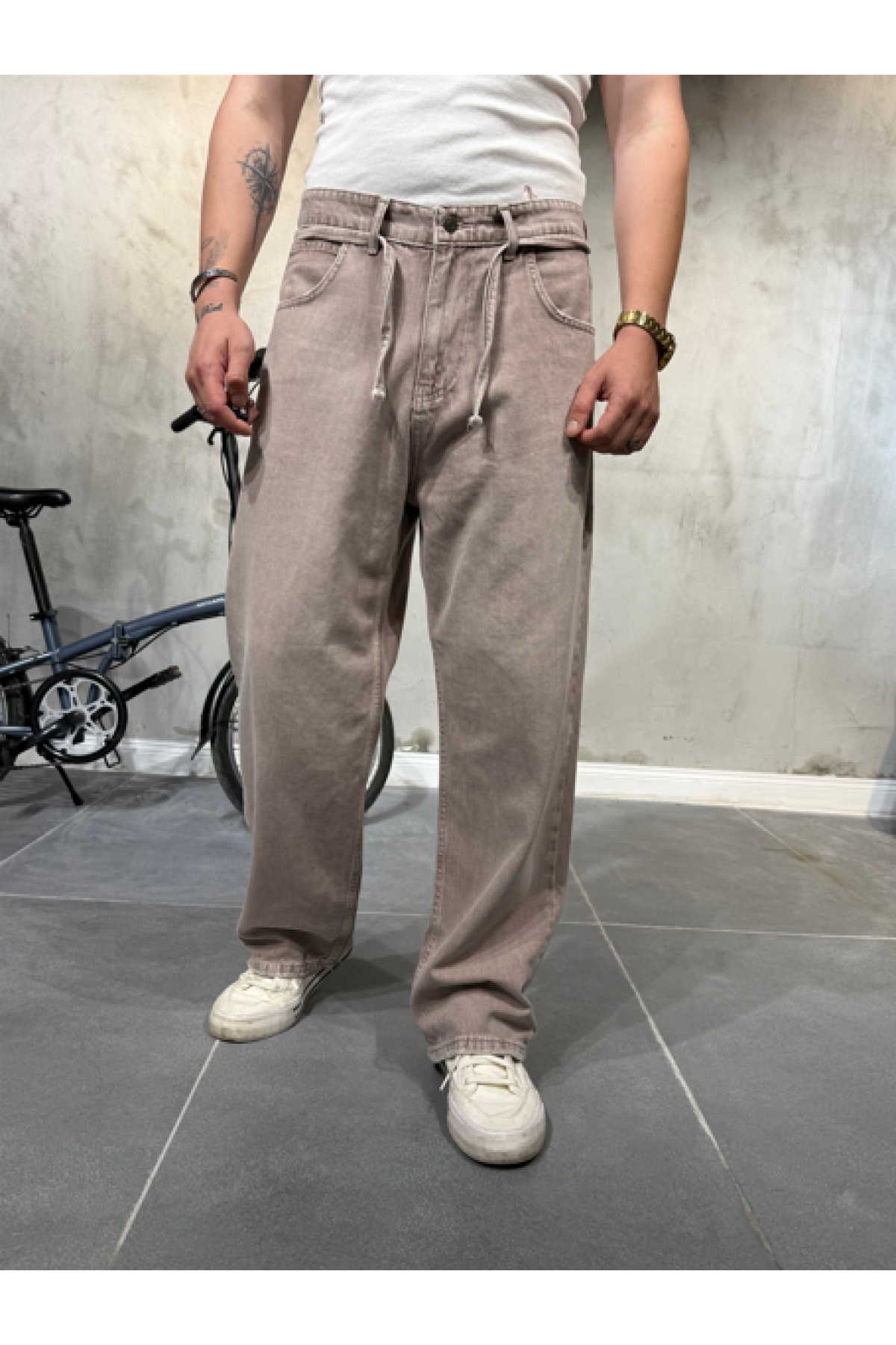 Extra Baggy Kar Bej Pantolon